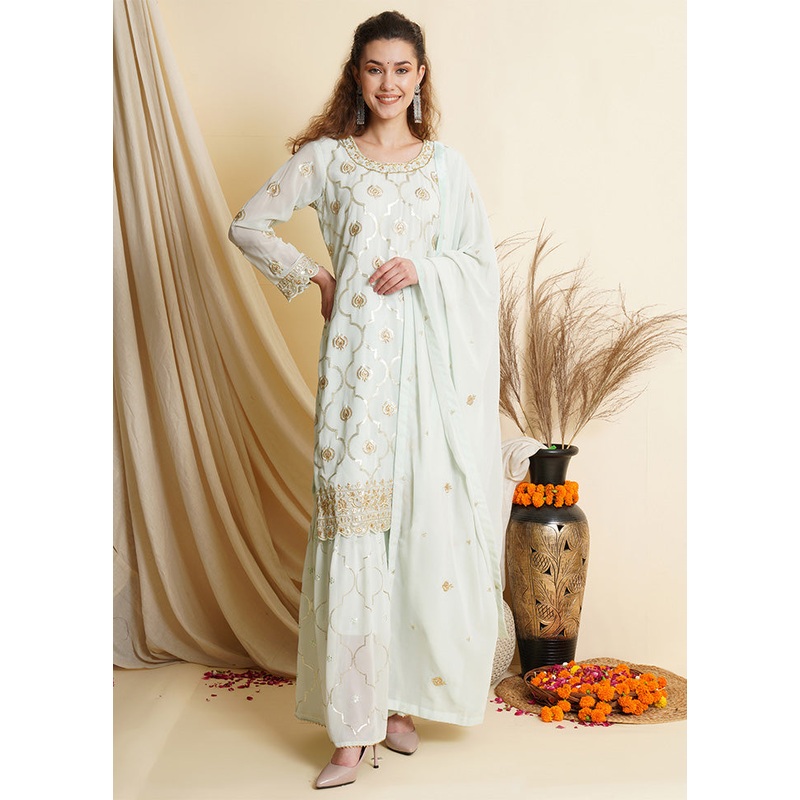 3 Pc Sky Blue Unstitched Georgette Suit Set - JD986587102