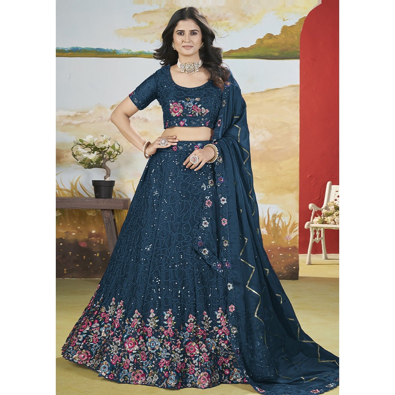 3 Pc Teal Blue Silk Semi Stitched Lehenga Set - JD986587152