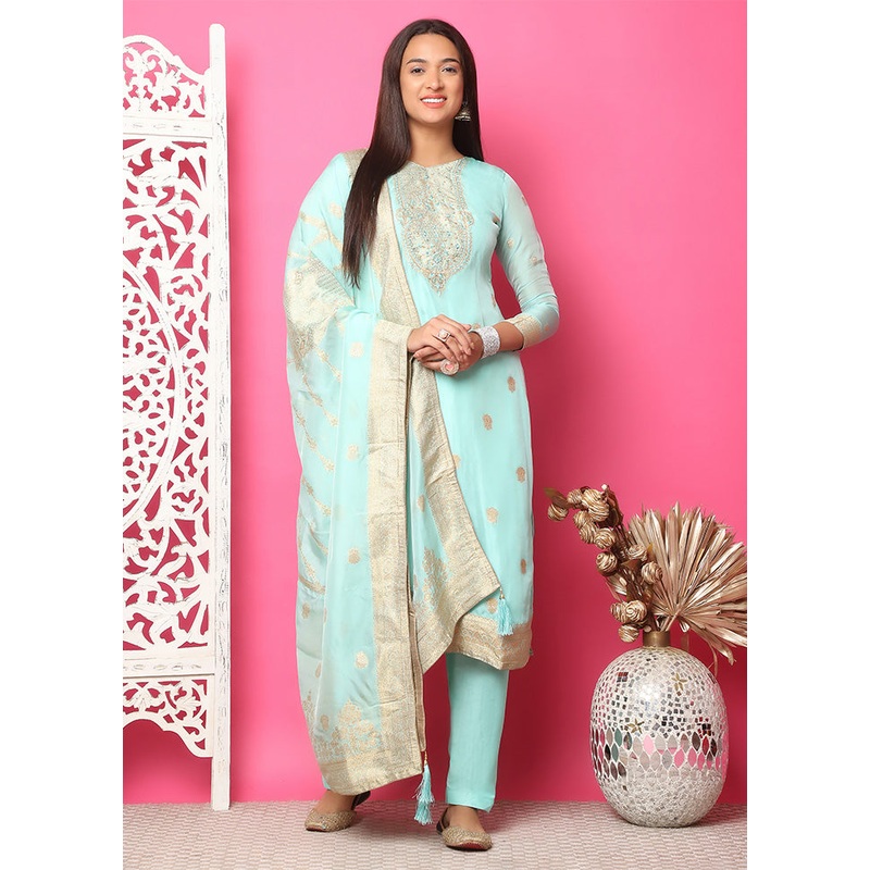3 Pc Turquoise Unstitched Silk Suit Set - JD986587101