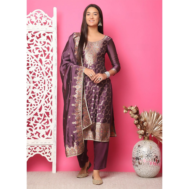 3 Pc Violet Unstitched Silk Suit Set - JD986587100