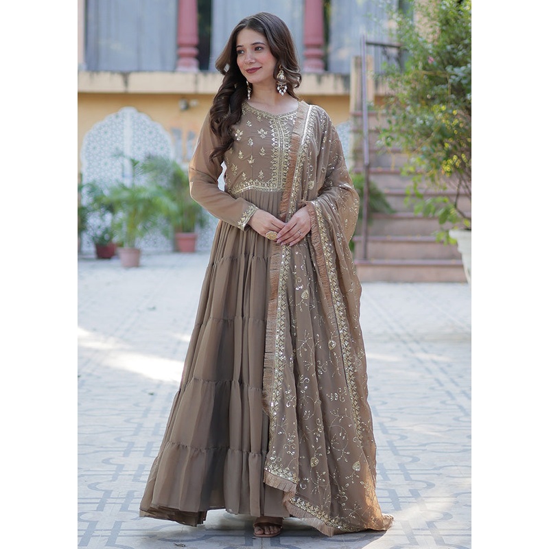 Beige Readymade Georgette Dupatta Indian Dress - JD986587230
