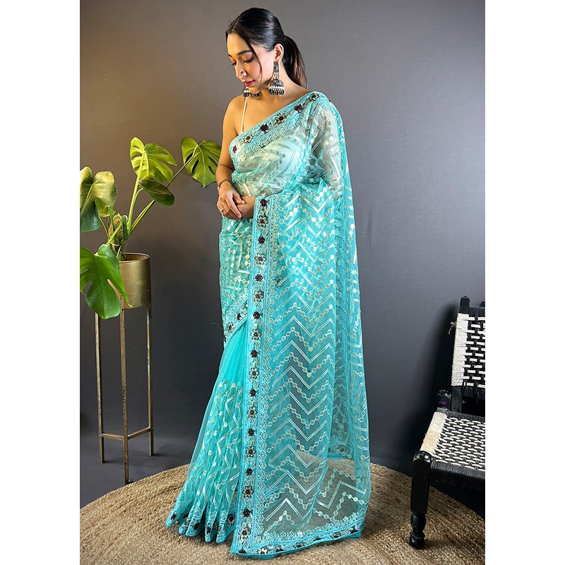 Blue Net Net Saree With Blouse Piece - JD986587189