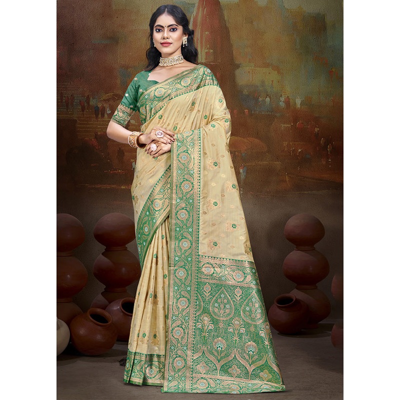Cream Spun Silk Saree With Blouse Piece - JD986587196