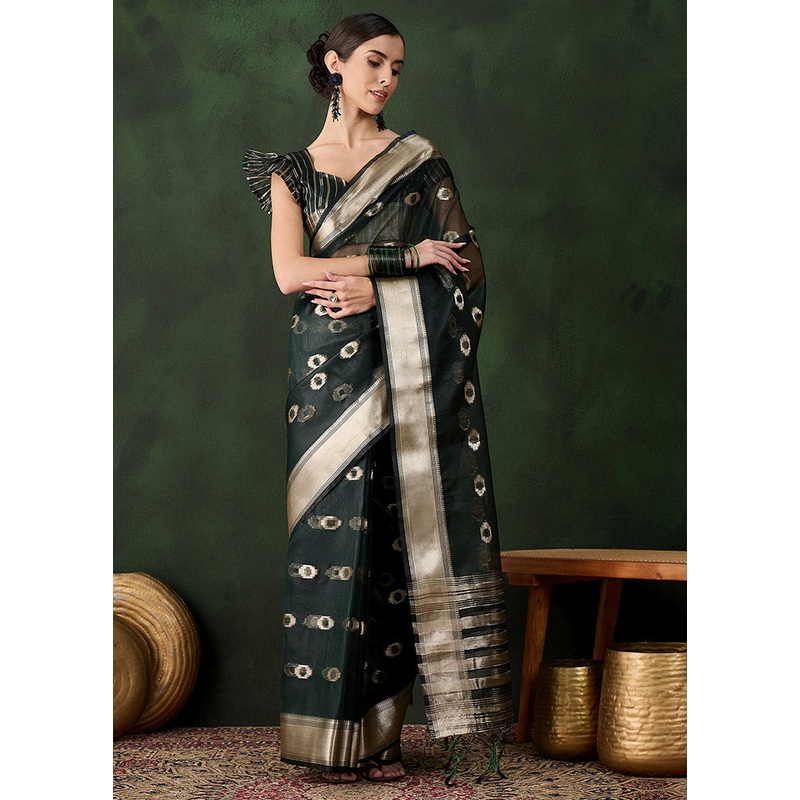 Green Organza Saree With Blouse Piece - JD986587190