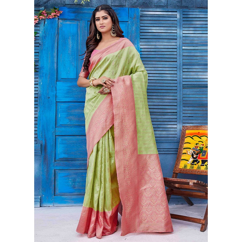 Green Spun Silk Saree With Blouse Piece - JD986587184