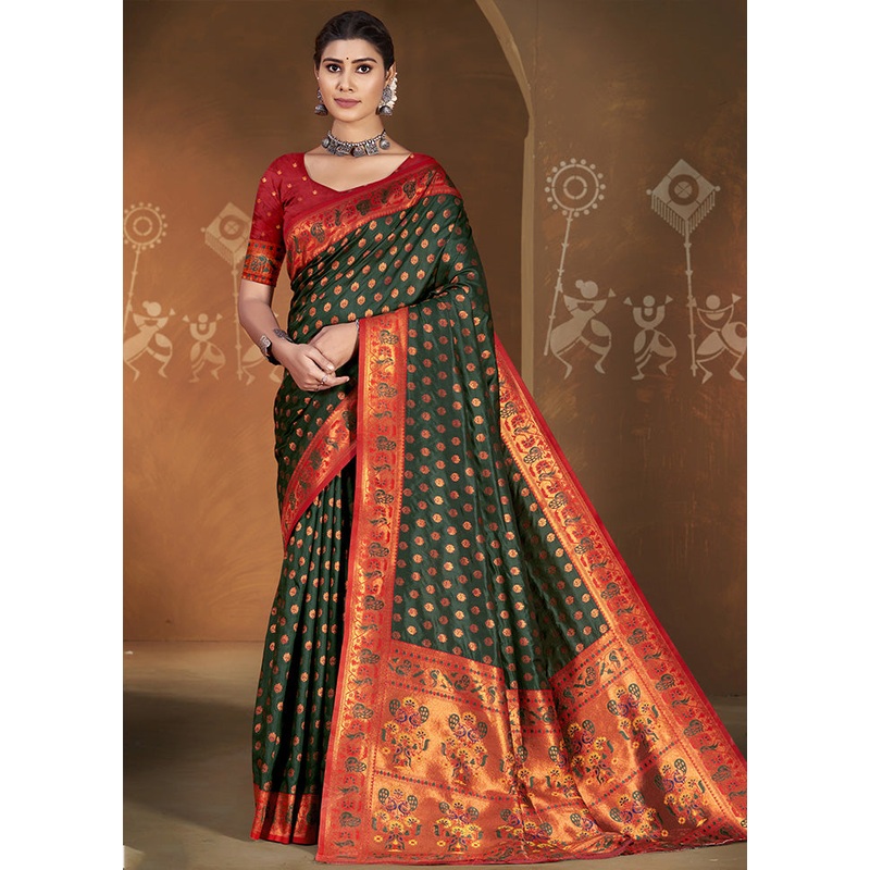 Green Spun Silk Saree With Blouse Piece - JD986587192