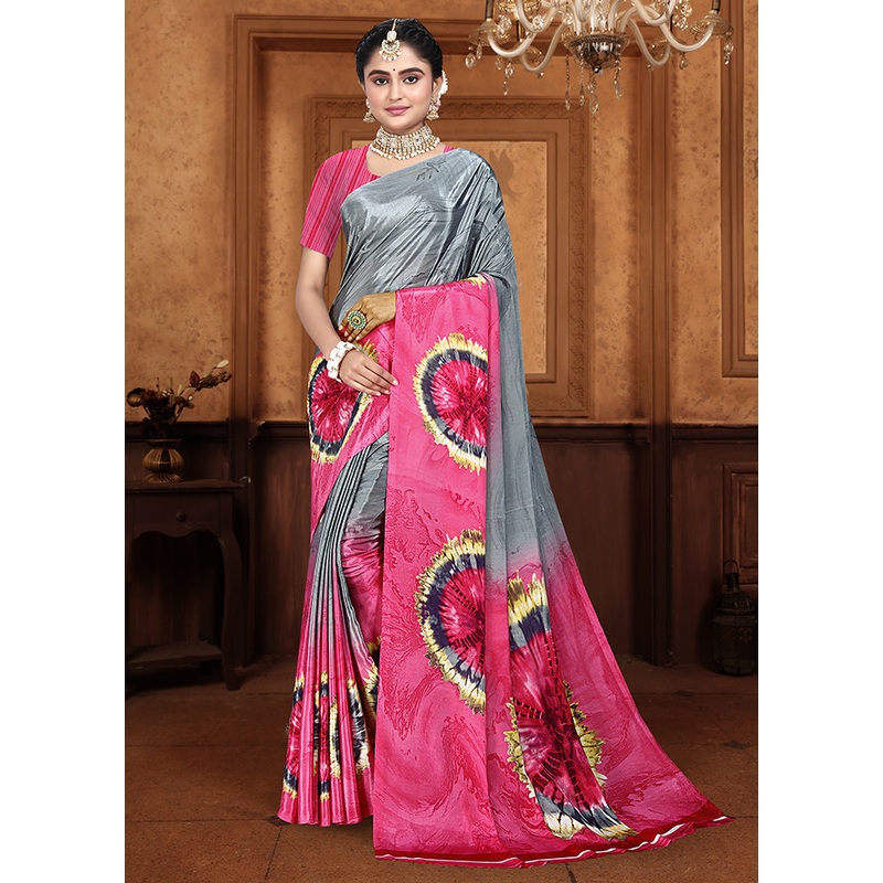 Grey Crepe Silk Saree With Blouse Piece - JD986587183