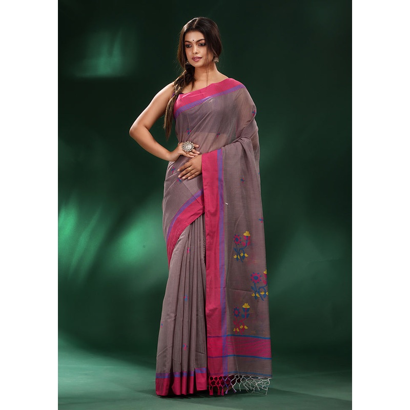 Grey Pure Cotton Saree With Blouse Piece - JD986587063