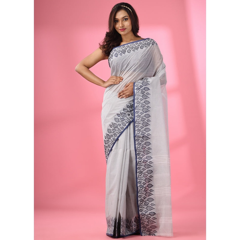 Grey Pure Cotton Saree With Blouse Piece - JD986587064