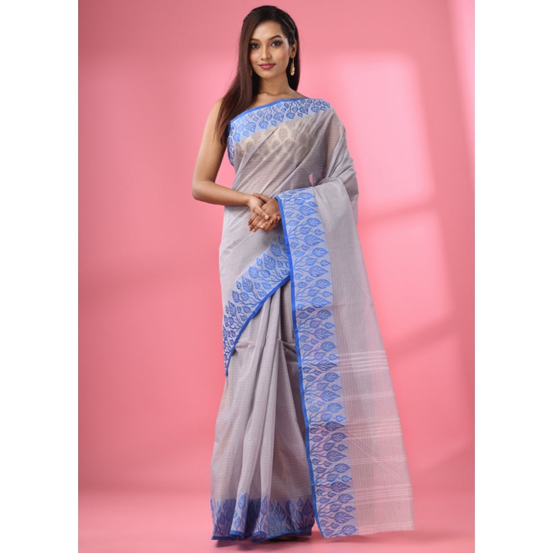 Grey Pure Cotton Saree With Blouse Piece - JD986587065