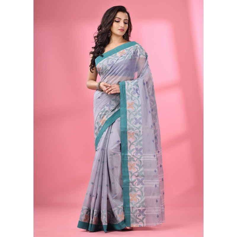 Grey Pure Cotton Saree With Blouse Piece - JD986587066