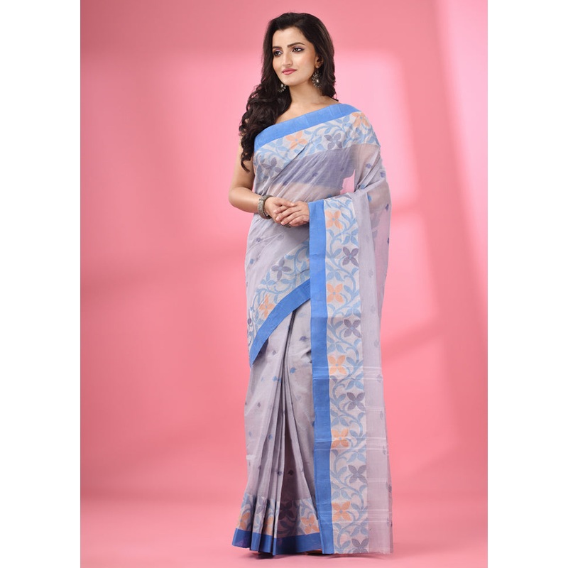 Grey Pure Cotton Saree With Blouse Piece - JD986587067