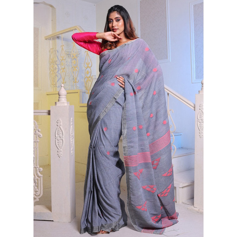 Grey Pure Cotton Saree With Blouse Piece - JD986587068
