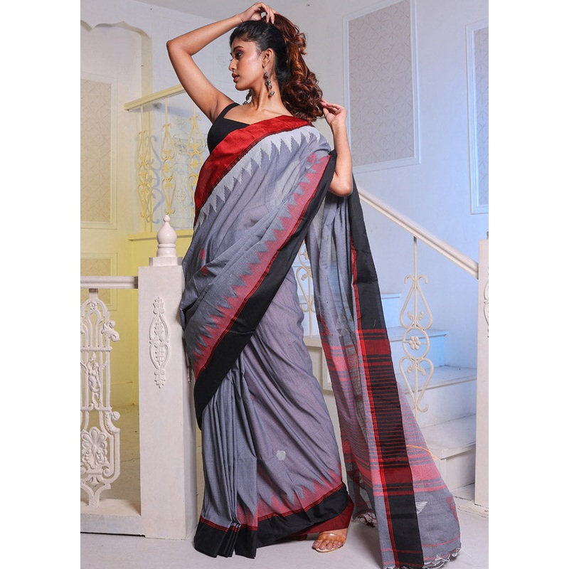 Grey Pure Cotton Saree With Blouse Piece - JD986587069