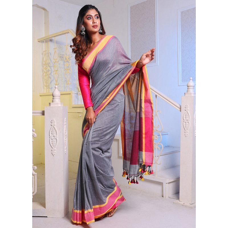 Grey Pure Cotton Saree With Blouse Piece - JD986587071