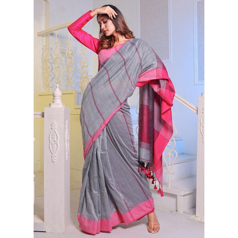 Grey Pure Cotton Saree With Blouse Piece - JD986587072