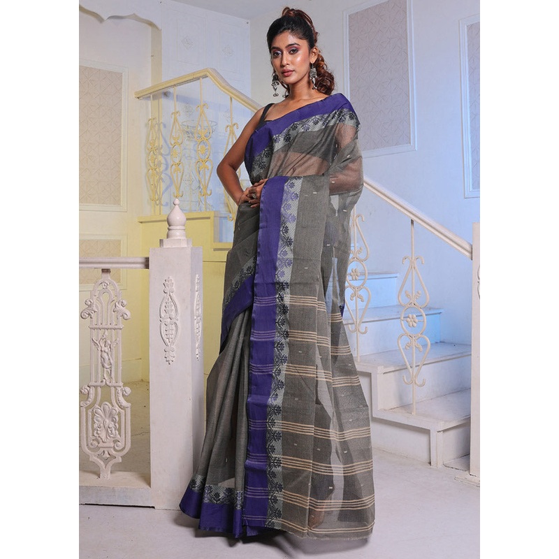 Grey Pure Cotton Saree With Blouse Piece - JD986587074