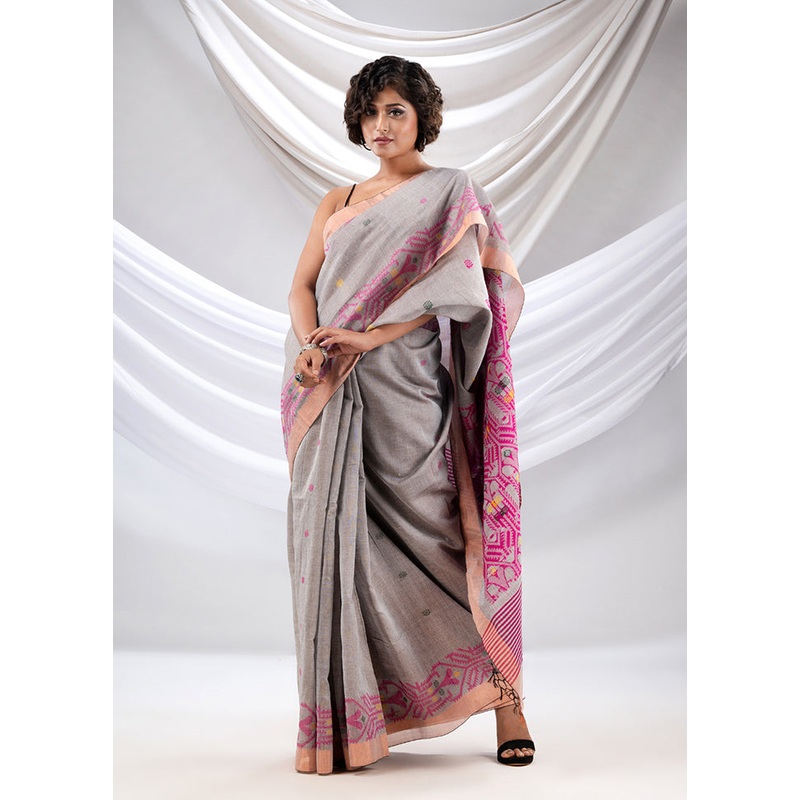 Grey Pure Cotton Saree With Blouse Piece - JD986587075