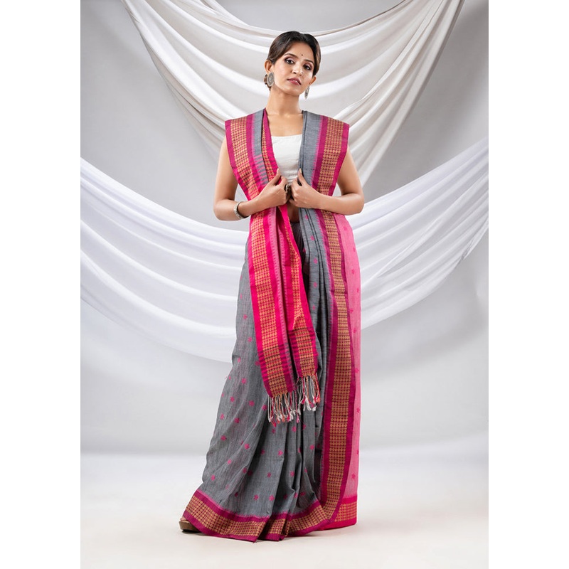 Grey Pure Cotton Saree With Blouse Piece - JD986587076