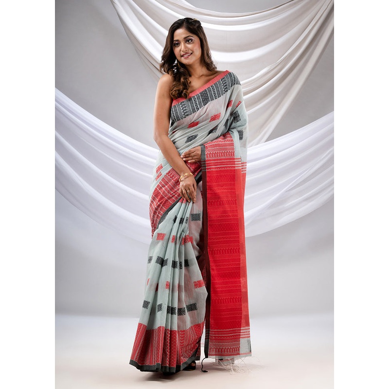 Grey Pure Cotton Saree With Blouse Piece - JD986587077