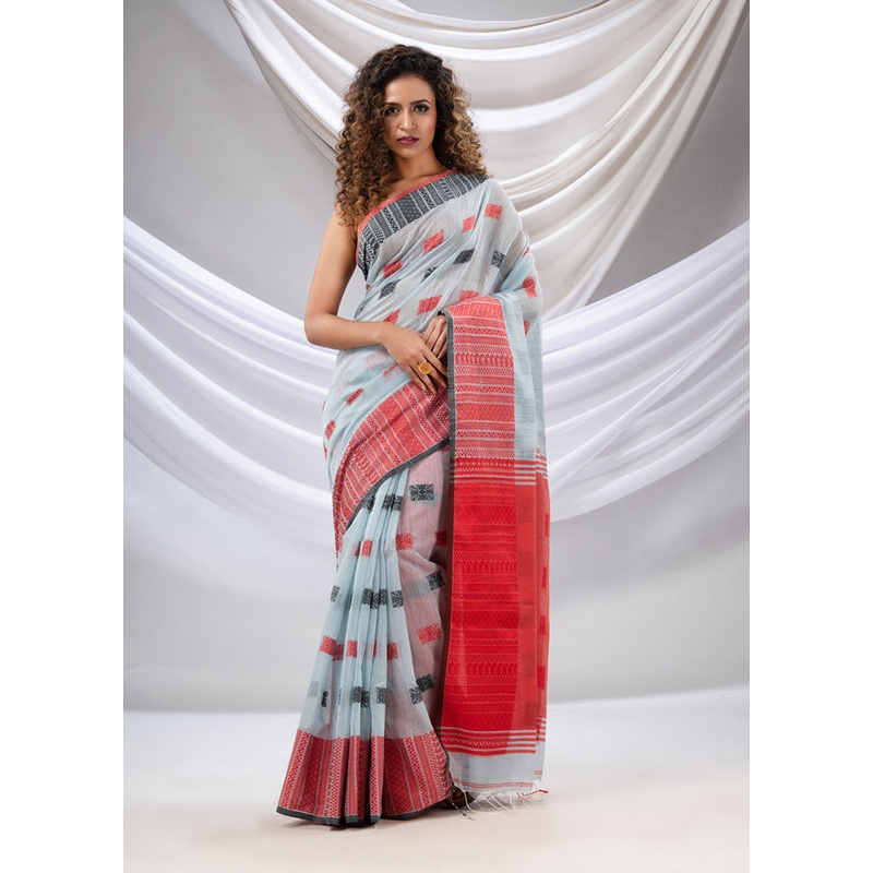 Grey Pure Cotton Saree With Blouse Piece - JD986587078