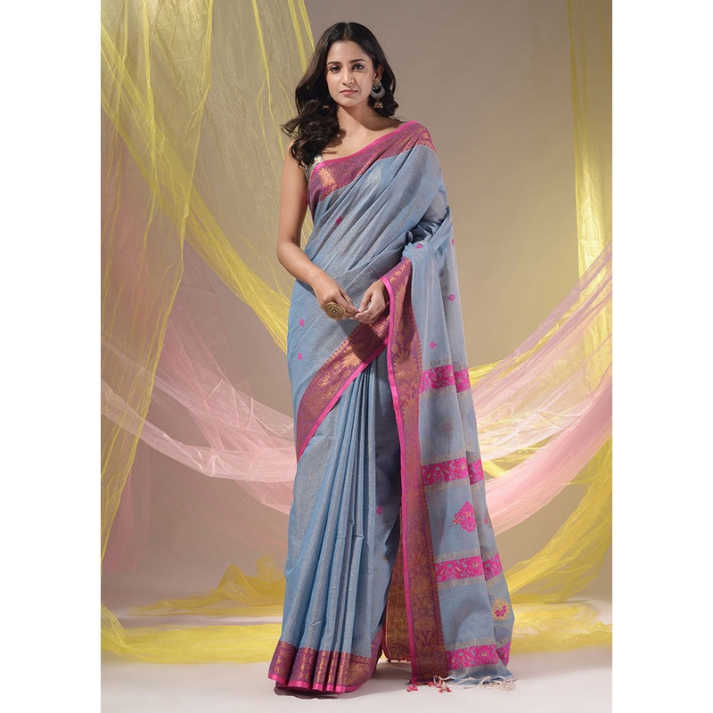 Grey Pure Cotton Saree With Blouse Piece - JD986587080