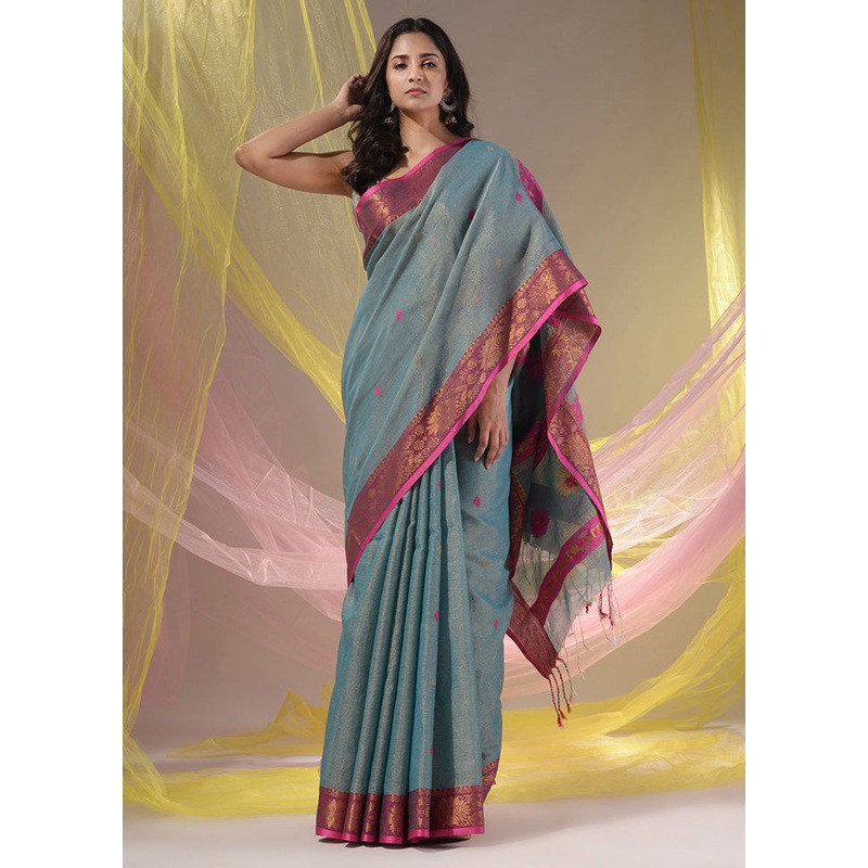 Grey Pure Cotton Saree With Blouse Piece - JD986587081