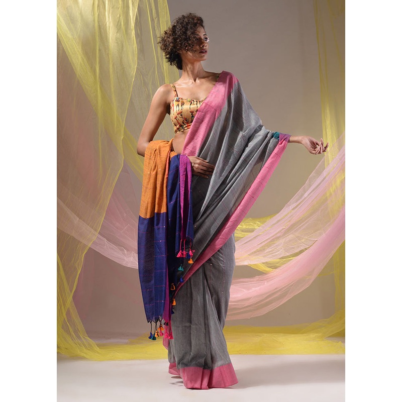 Grey Pure Cotton Saree With Blouse Piece - JD986587082