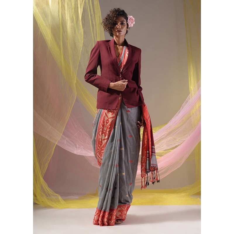 Grey Pure Cotton Saree With Blouse Piece - JD986587083