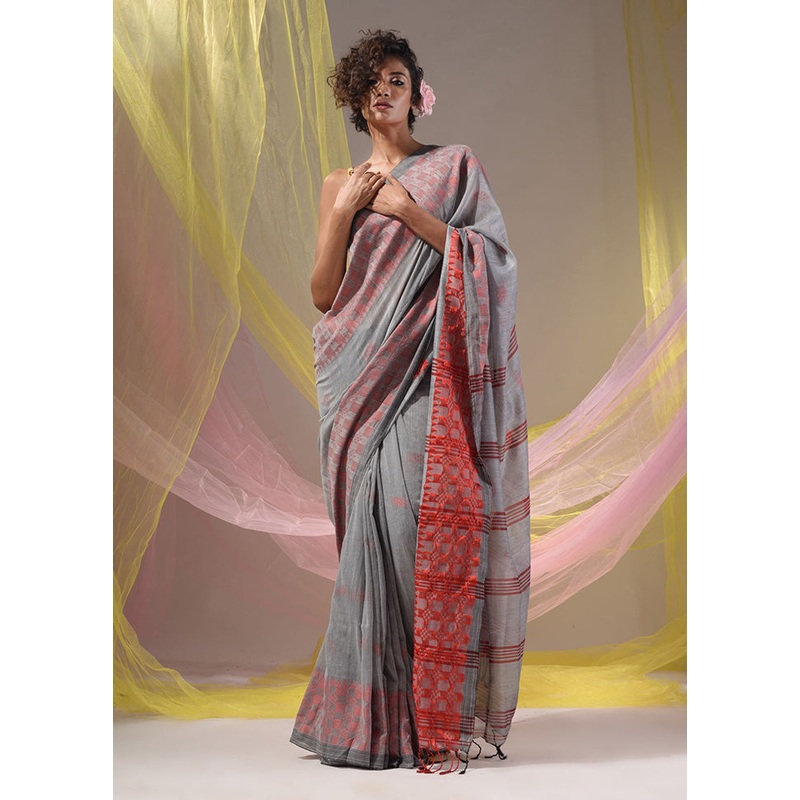 Grey Pure Cotton Saree With Blouse Piece - JD986587084