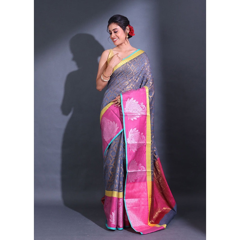 Grey Pure Cotton Saree With Blouse Piece - JD986587085