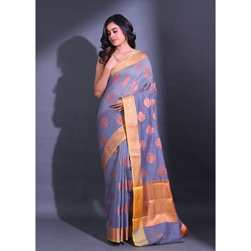 Grey Pure Cotton Saree With Blouse Piece - JD986587086