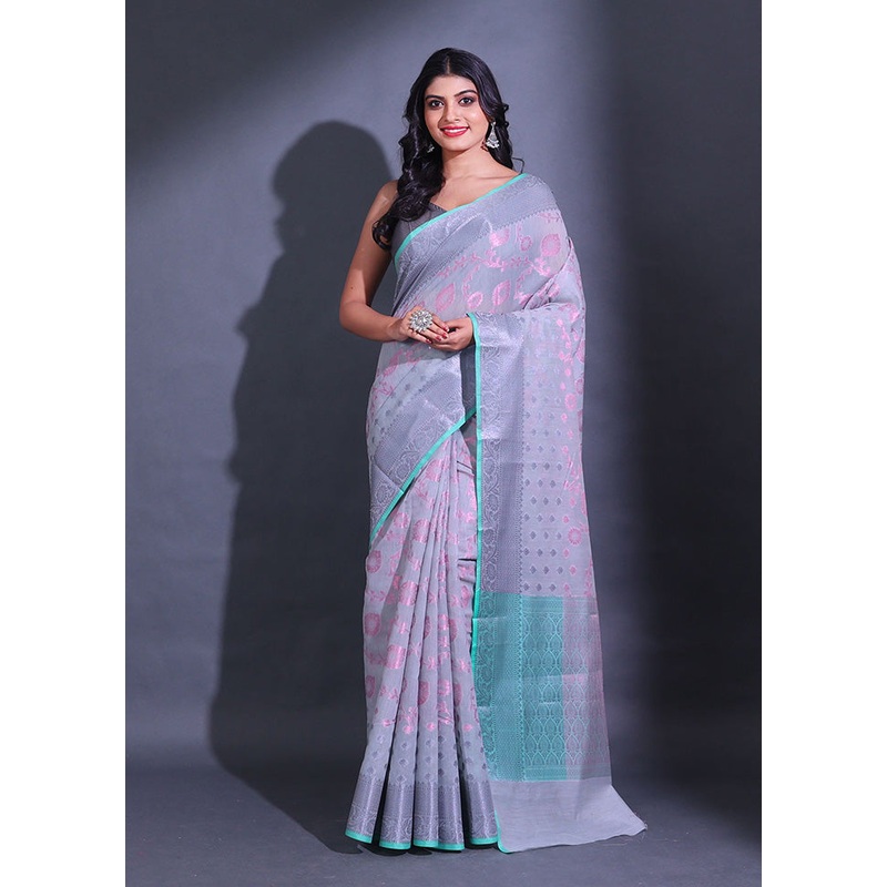 Grey Pure Cotton Saree With Blouse Piece - JD986587087