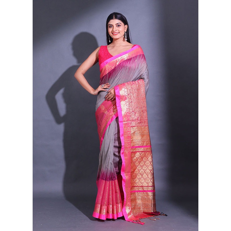 Grey Pure Cotton Saree With Blouse Piece - JD986587089