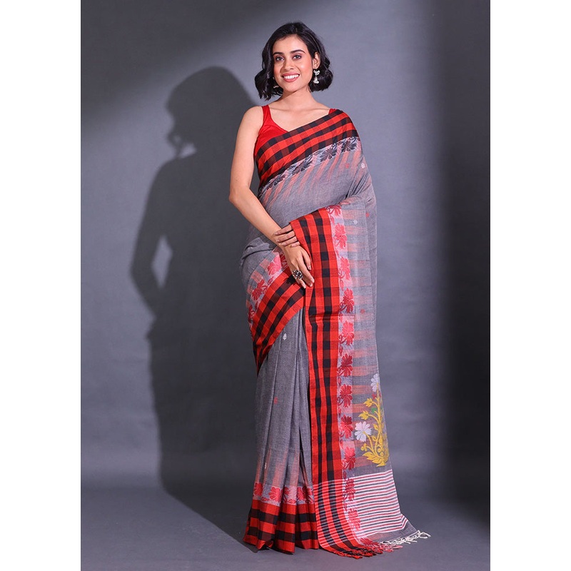 Grey Pure Cotton Saree With Blouse Piece - JD986587090