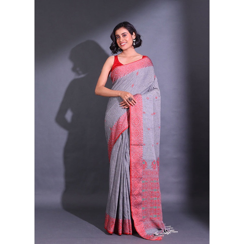 Grey Pure Cotton Saree With Blouse Piece - JD986587091