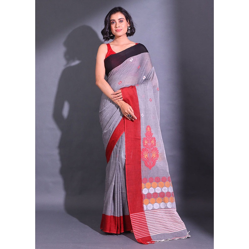 Grey Pure Cotton Saree With Blouse Piece - JD986587092