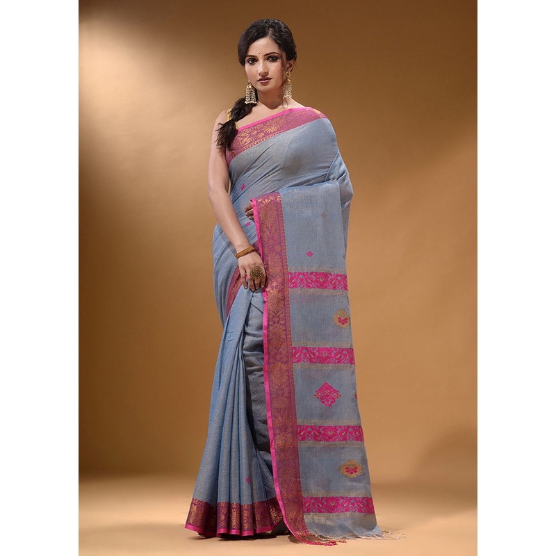 Grey Pure Cotton Saree With Blouse Piece - JD986587093