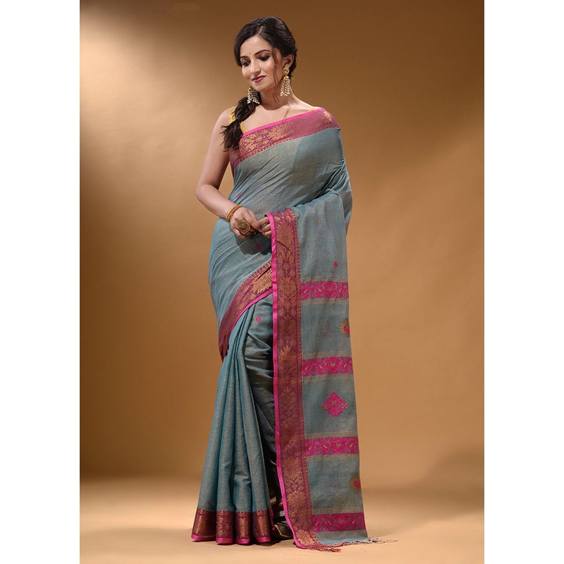 Grey Pure Cotton Saree With Blouse Piece - JD986587094