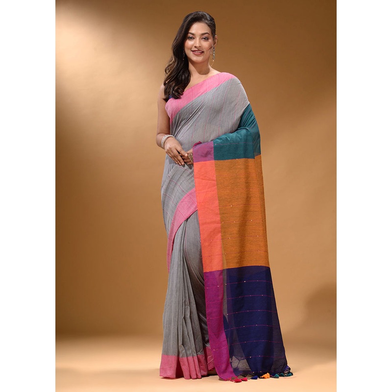 Grey Pure Cotton Saree With Blouse Piece - JD986587095