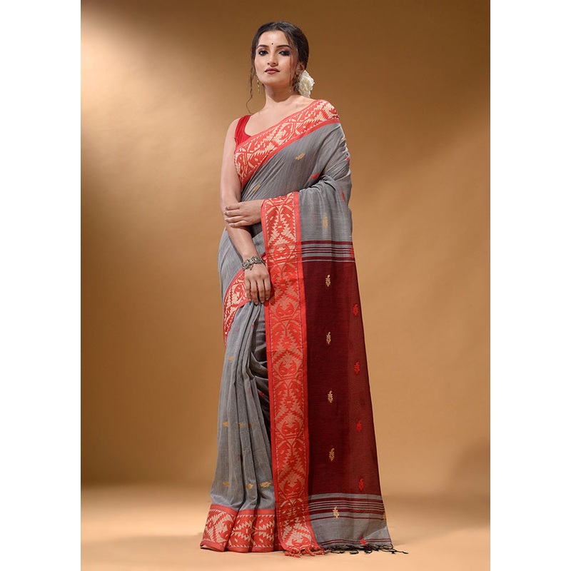 Grey Pure Cotton Saree With Blouse Piece - JD986587096