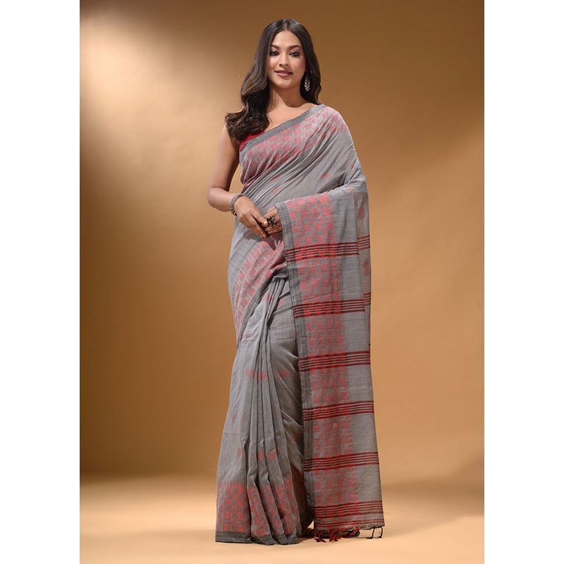 Grey Pure Cotton Saree With Blouse Piece - JD986587097