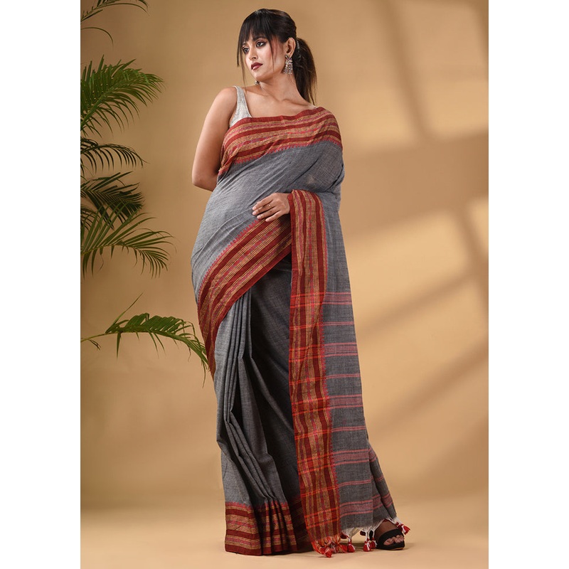 Grey Pure Cotton Saree With Blouse Piece - JD986587098