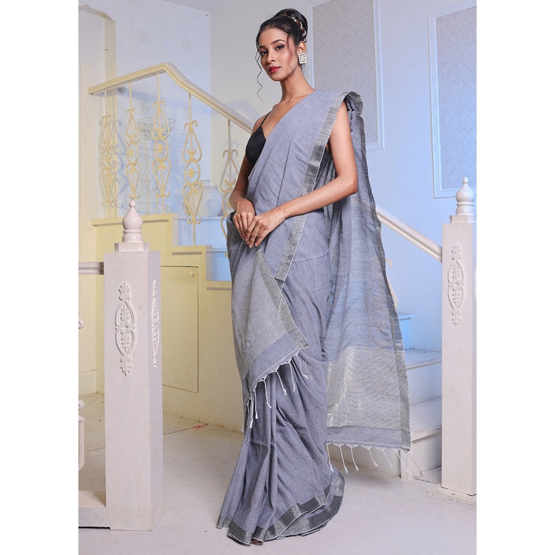 Grey Pure Linen Saree With Blouse Piece - JD986587062