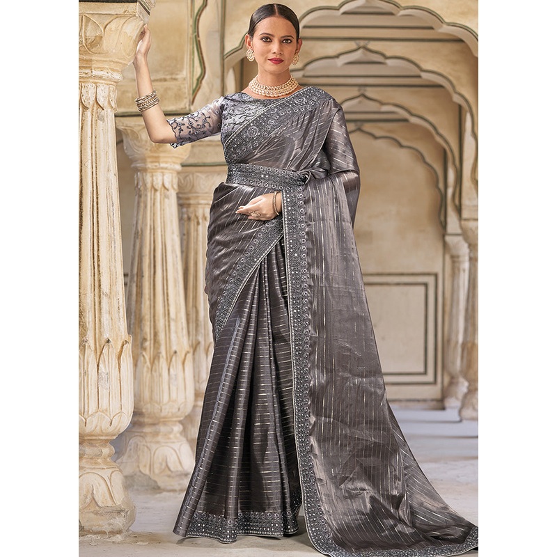 Grey Silk Saree With Blouse Piece - JD986587051