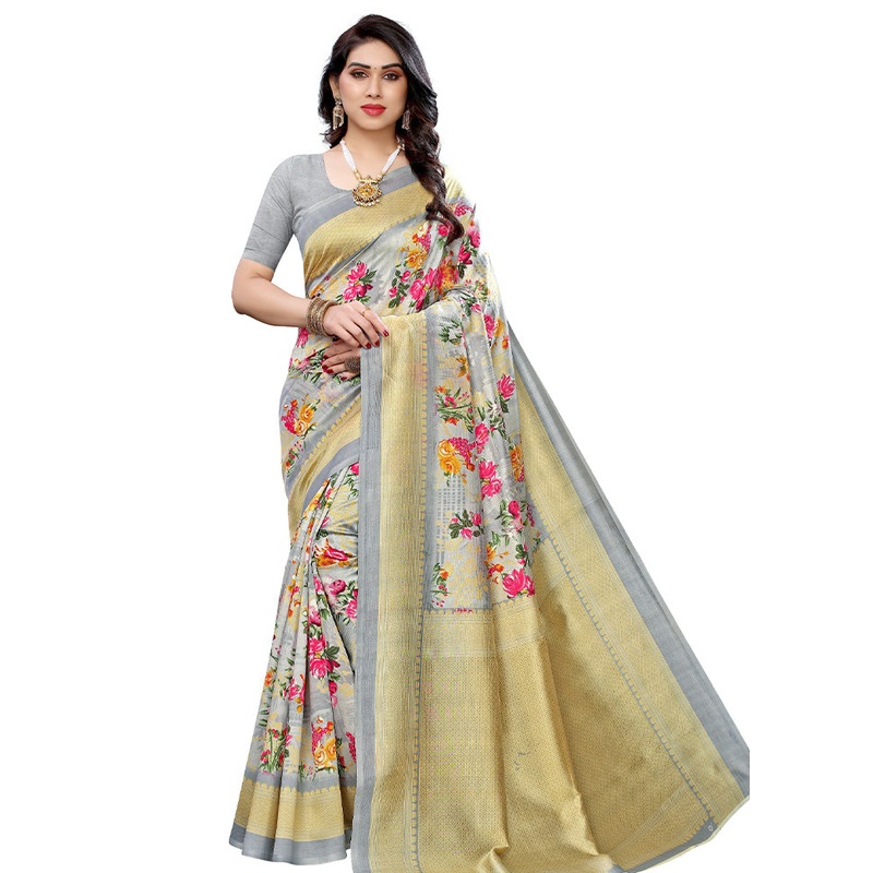 Grey Silk Saree With Blouse Piece - JD986587054