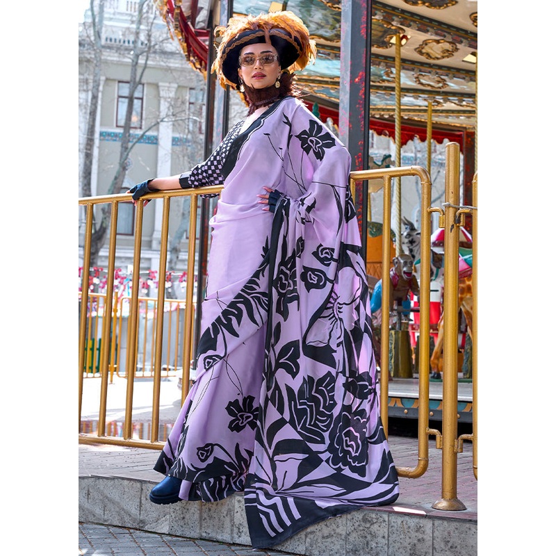 Lavender Satin Silk Saree With Blouse Piece - JD986587188