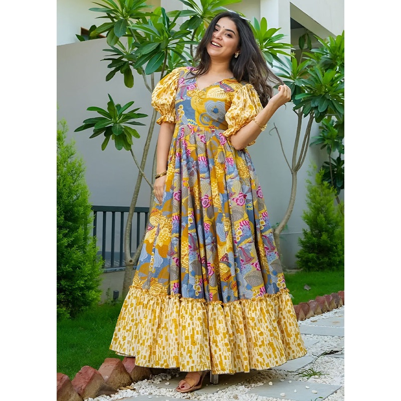 Mustard Readymade Rayon Indian Dress - JD986587162