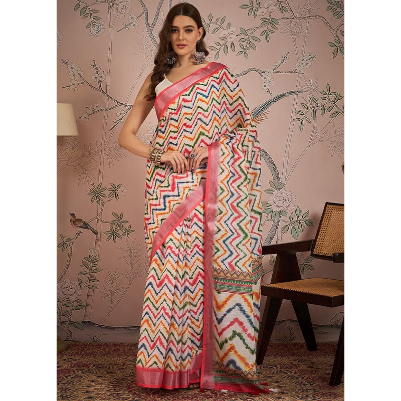 Off White Linen Silk Saree With Blouse Piece - JD986587185