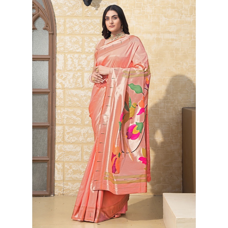 Peach Spun Silk Saree With Blouse Piece - JD986587187